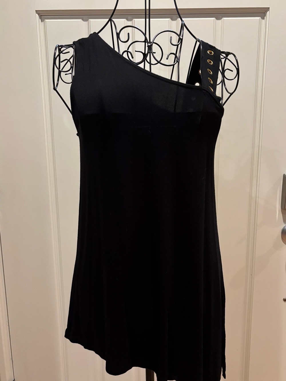 One-Shoulder Black Dress with Grommet Strap